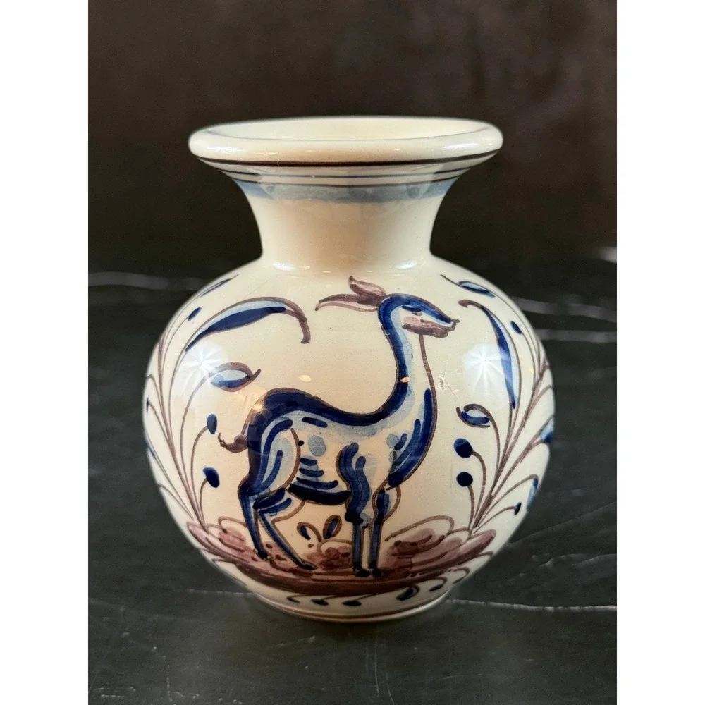 VTG Outeiro Agueda Portugal Hand Painted Ceramic Bud Vase Deer Floral 3 3/4in